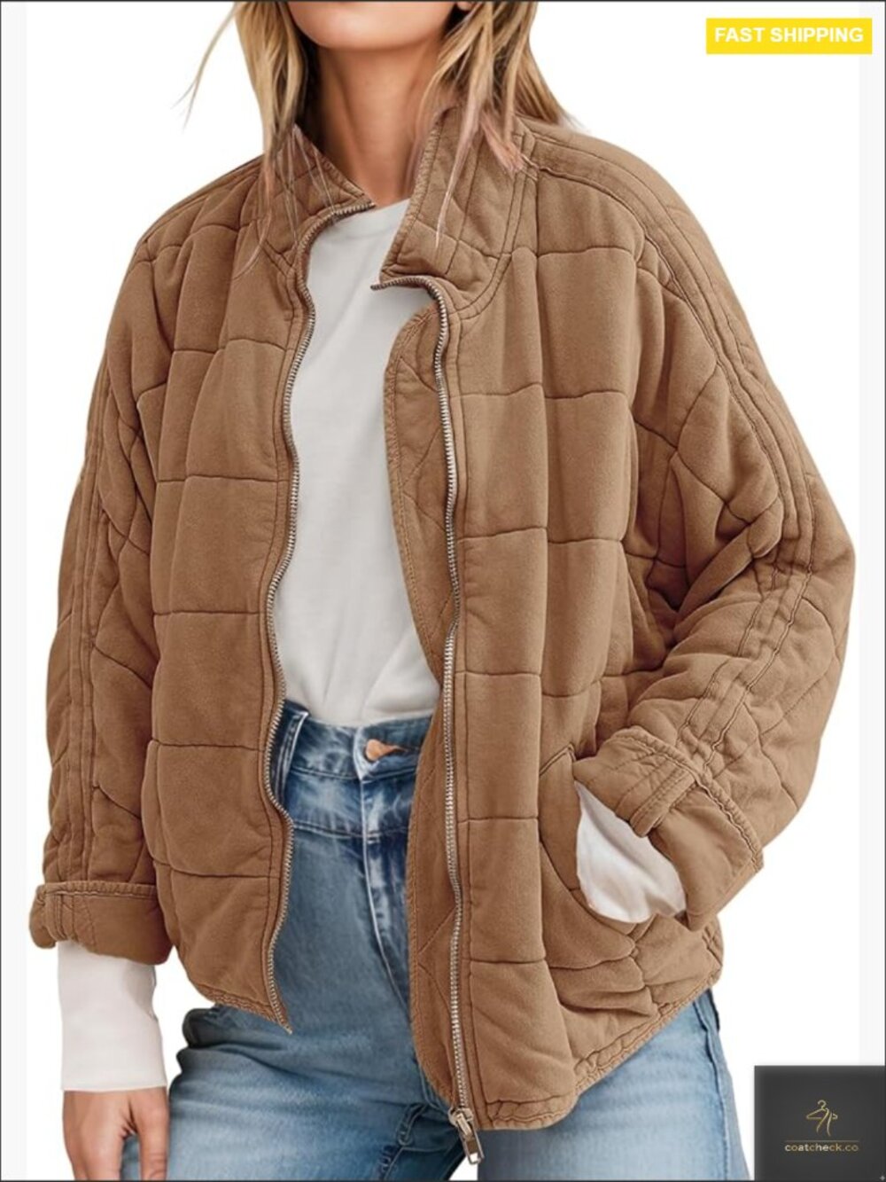 Oversized Quilted Jacket Lightweight Winter Coat Casual Chic Loose Fit Zip Up